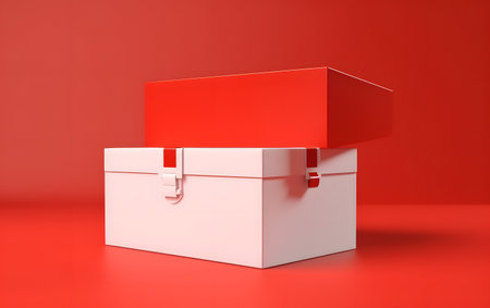 Red and white box on a red background. 3d rendering.の素材