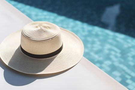 Straw hat on swimming pool background. Summer concept. Selective focus.の素材