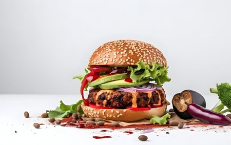 Close-up of tasty burger with cutlet and vegetables on white backgroundの素材