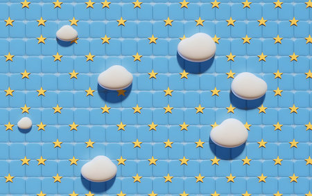 3D illustration of a blue background with a pattern of stars and cloudsの素材