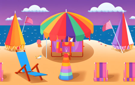 Beach umbrella and deck chairs with flags. Summer holiday concept. illustrationの素材