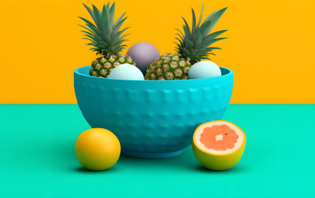 Easter eggs in a bowl with pineapples and oranges. 3d renderingの素材