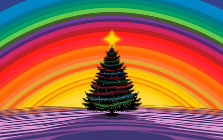 christmas tree with rainbow background, vector illustration, eps10の素材