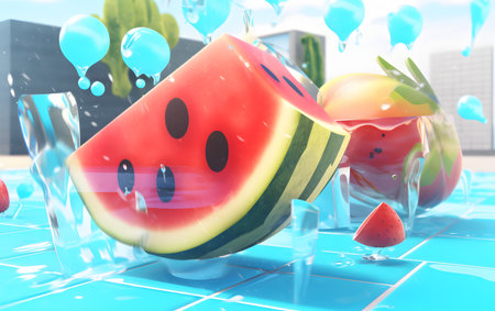 3d render of a watermelon with ice cubes in the backgroundの素材