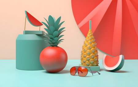 Pineapple, sunglasses and watermelon on the table. 3d renderingの素材