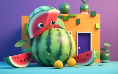 Funny watermelon character in front of house. 3d renderingの素材