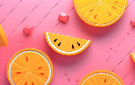 Fresh orange slices on pink background. 3d illustration. Summer concept.の素材