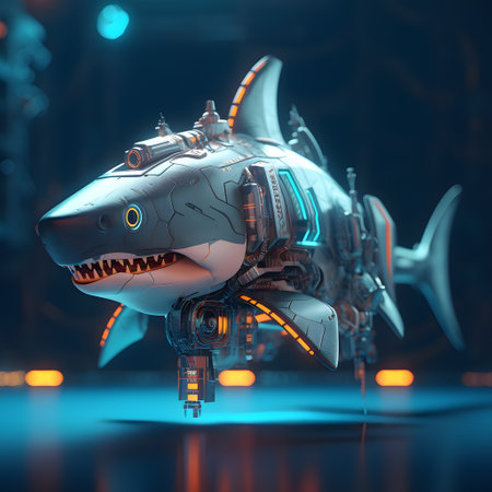 3D rendering of a cyber shark in a dark space with neon lightsの素材