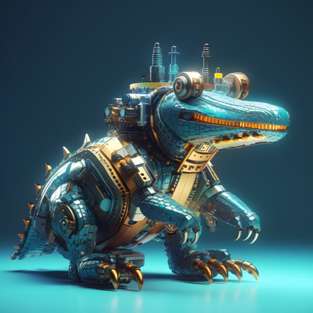 3D rendering of a fantasy dragon isolated on a blue background.の素材