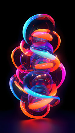 3d illustration of abstract background with glowing neon rings in dark spaceの素材