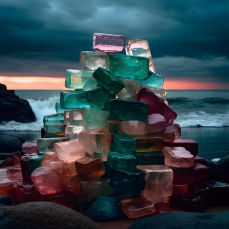 colorful ice cubes on the beach by the sea at sunset.の素材