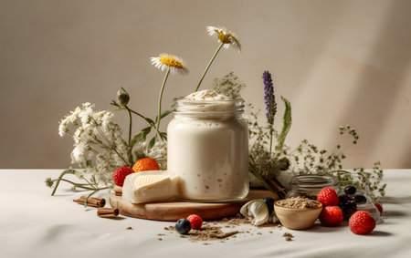 Healthy breakfast with yoghurt, fresh berries, chamomile flowers and chocolate barsの素材