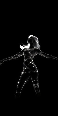 Futuristic female body with glowing lines on a black background.の素材