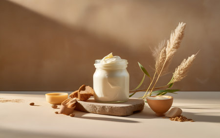 Jar of cream, eggs and ears of wheat on a beige backgroundの素材