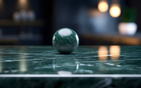 Glass sphere on a marble table. 3d rendering toned imageの素材