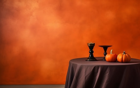 Halloween still life with pumpkins and candlestick on tableの素材