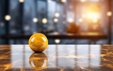 Yellow ball on the marble table in front of blurred background. 3d renderingの素材