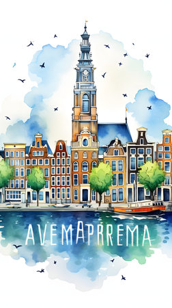 Amsterdam cityscape. Watercolor hand drawn illustration. Vector.の素材