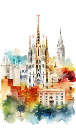 Watercolor sketch of famous buildings in Barcelona, Spain. Hand drawn illustrationの素材