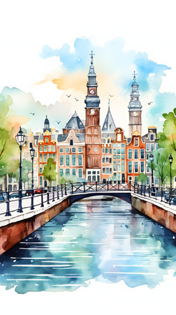 Watercolor sketch of Amsterdam cityscape. Hand drawn vector illustration.の素材