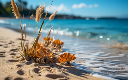 Close up of dry grass and flower on the beach. Selective focus.の素材