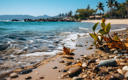 Beach with pebbles and palm trees in the background.の素材