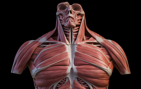 3D Illustration, Muscle is a soft tissue, Muscle cells contain proteins, producing a contraction that changes both the length and the shape of the cell. Muscles function to produce force and motion.の素材
