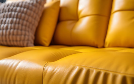 Closeup of yellow leather sofa with pillows in living room.の素材