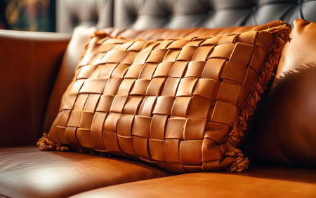 Pillow on brown leather sofa, closeup. interior designの素材