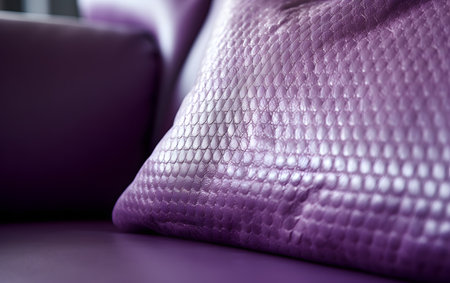 Purple leather sofa with pillows and cushions, close upの素材
