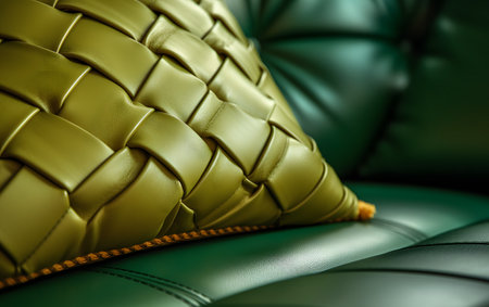 Green leather upholstery of luxury leather sofa. Close-up.の素材