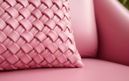 Close up of pink wicker pillow on a pink leather chair.の素材