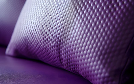 Purple leather sofa close up. Textured background. Selective focus.の素材