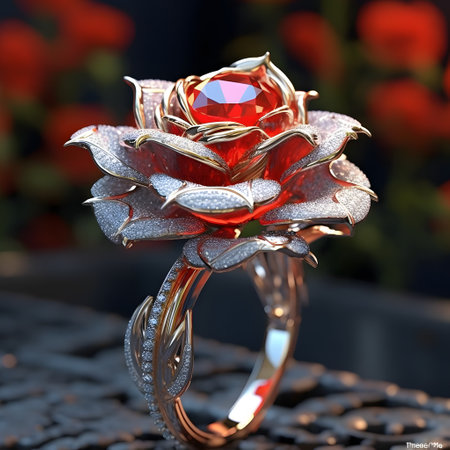 Jewelry ring with red rose on the background of flowers.の素材
