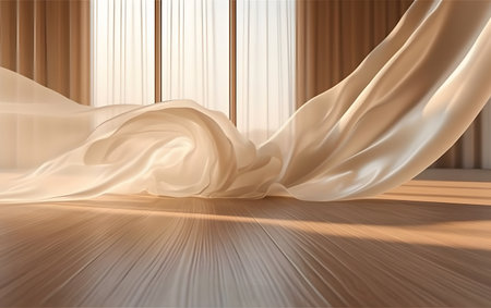 Curtain on the wooden floor in the room. 3d renderingの素材