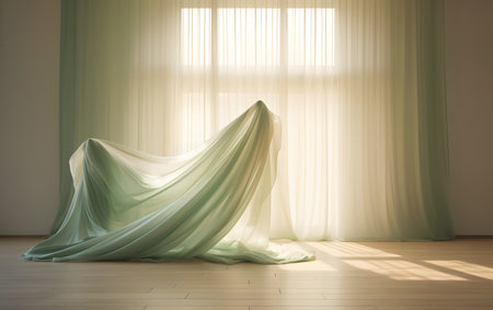 Green curtains in the interior of the room. 3D rendering.の素材