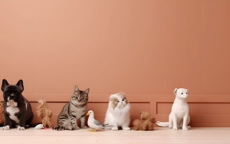 Cute little kittens and cat sitting on floor near beige wallの素材