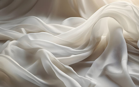 closeup of rippled white silk fabric on white studio backgroundの素材