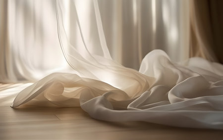 White silk drapery on a wooden floor in the room.の素材