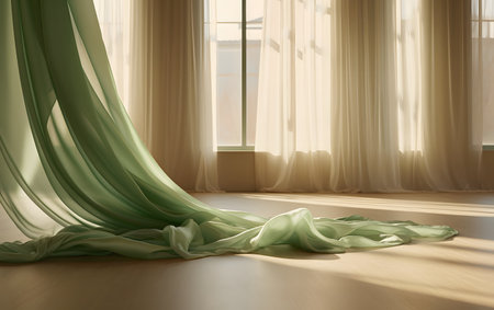 green curtains in the room, 3d rendering. Computer digital drawing.の素材