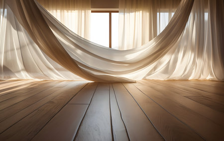Interior of empty room with curtains and wooden floor. 3d renderingの素材