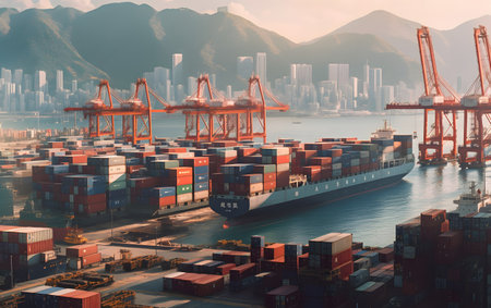 Container Cargo freight ship with working crane bridge for Logistic Import Export backgroundの素材
