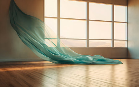 Empty room with window and blue cloth. 3D Rendering.の素材