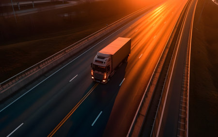 Truck on the highway at night with motion blur. Transportation concept.の素材