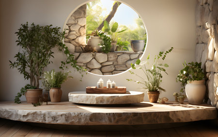 Stylish living room interior design with round mirror and plants. 3d renderingの素材