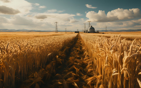 Wheat field with blue sky and clouds in the background. Toned.の素材