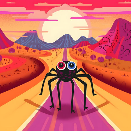 spider on the road in the desert at sunset, vector illustrationの素材