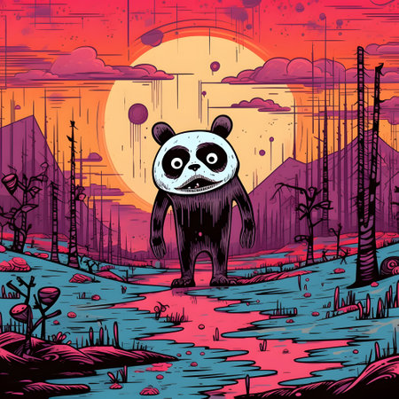 Panda bear in the forest. Hand drawn vector illustration in cartoon style.の素材