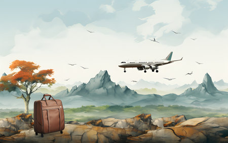 Traveling by airplane with suitcase and mountains background. Travel and adventure conceptの素材
