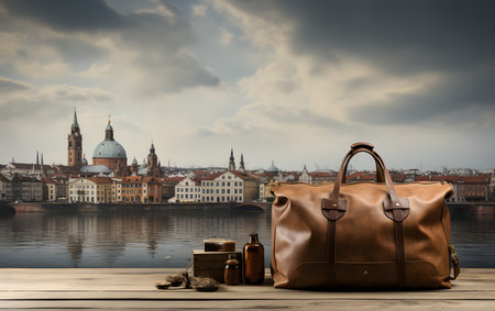 travel and tourism concept - brown leather bag with travel stuff on wooden table over Vltava river in Prague, Czech Republicの素材
